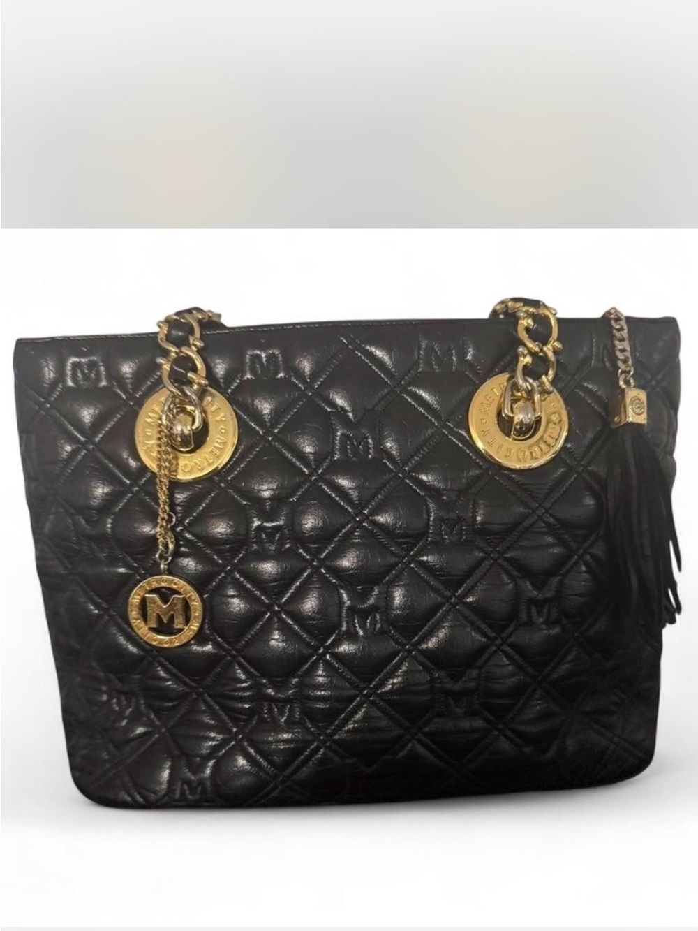 Metro City  Black Quilted Leather Tote with Gold Chain straps.